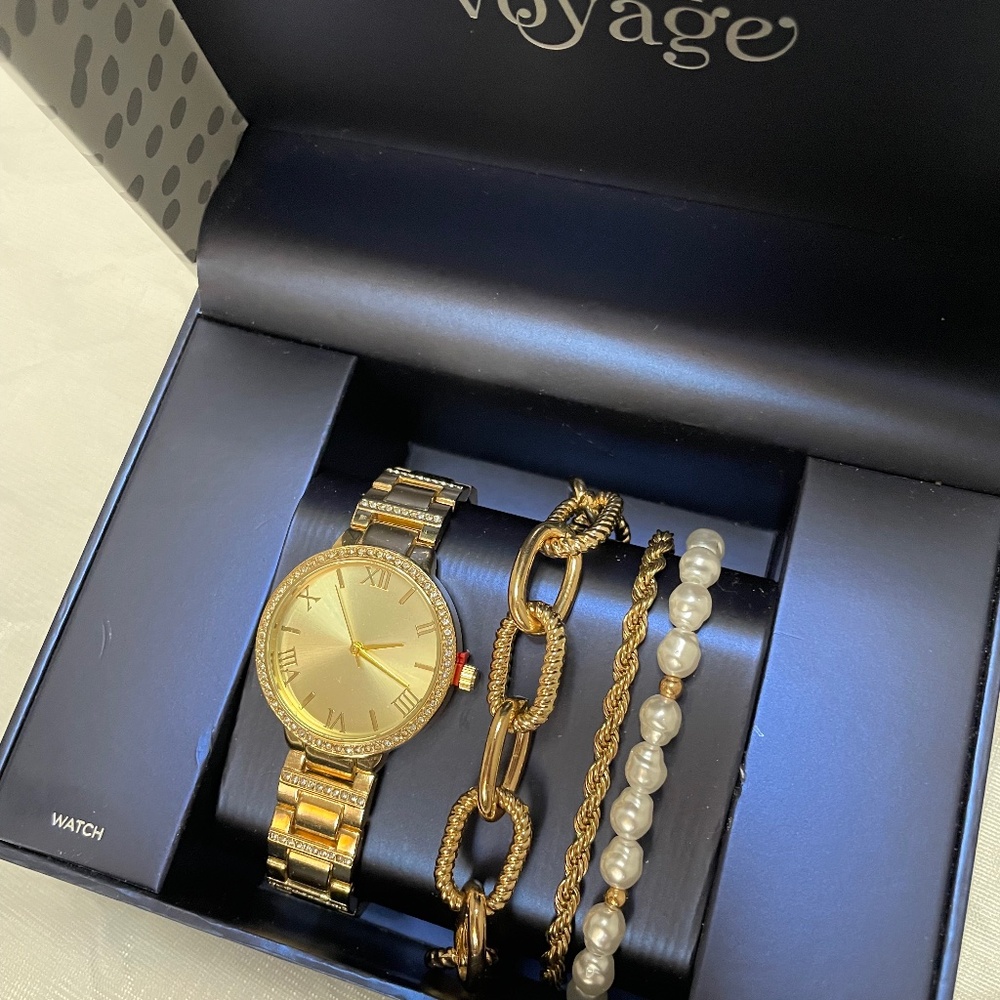 Gold-Tone Watch & Bracelet Set Bon Voyage Gift Box 4-Piece Jewelry Set